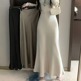 Rok Ekor Ikan Pinggang Tinggi Gaya Korea Rok Maxi Ekor Ikan Satin Rok Pensil Ritsleting Panjang