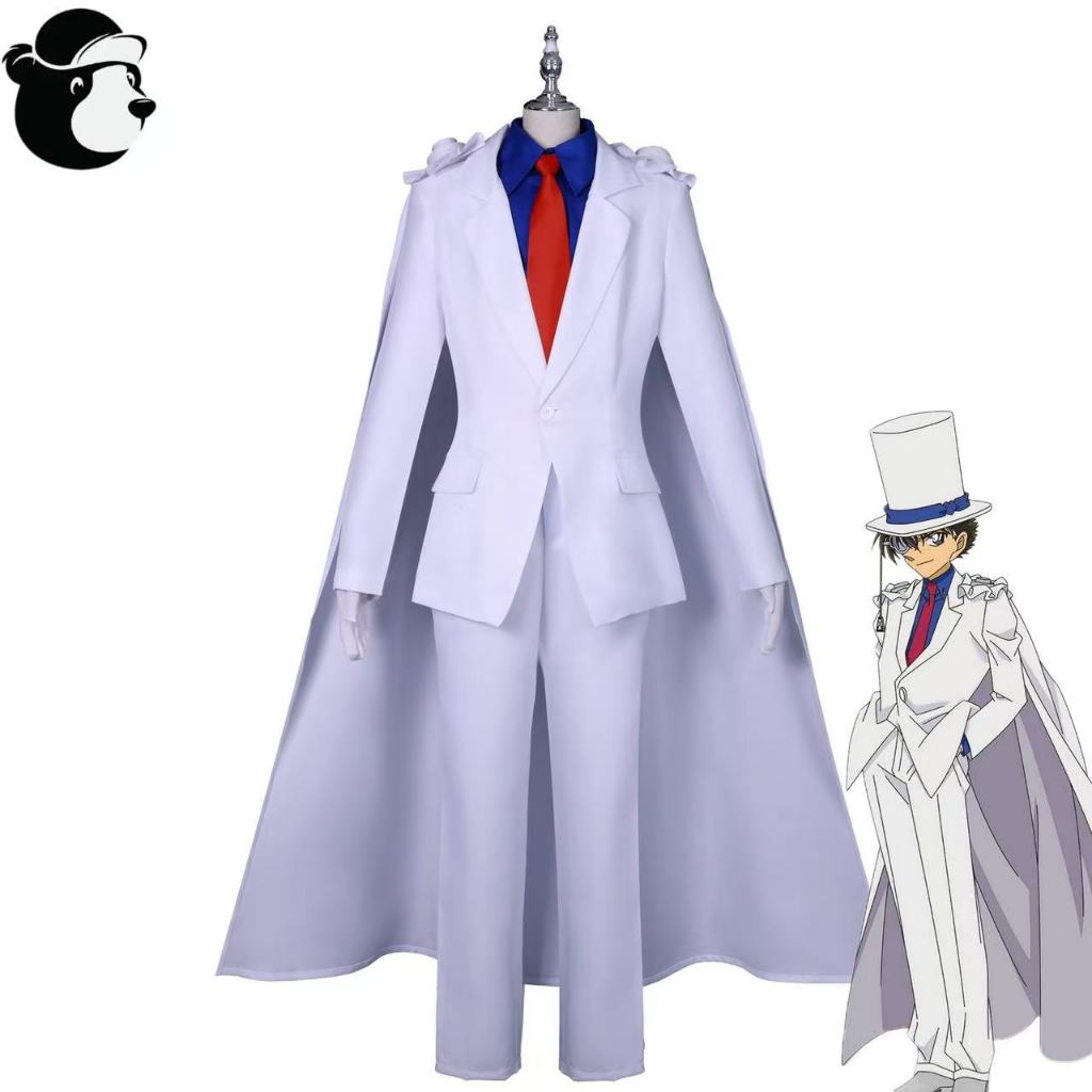Kolegrial Bambino Kaito Kid Costume con Cappello Occhiali Cosplay Anime Detective Kid The Phantom Thief Bianco Smoking Uniforme Set e Mantello per Carnevale Halloween Festa Mascherata Fancy Costume