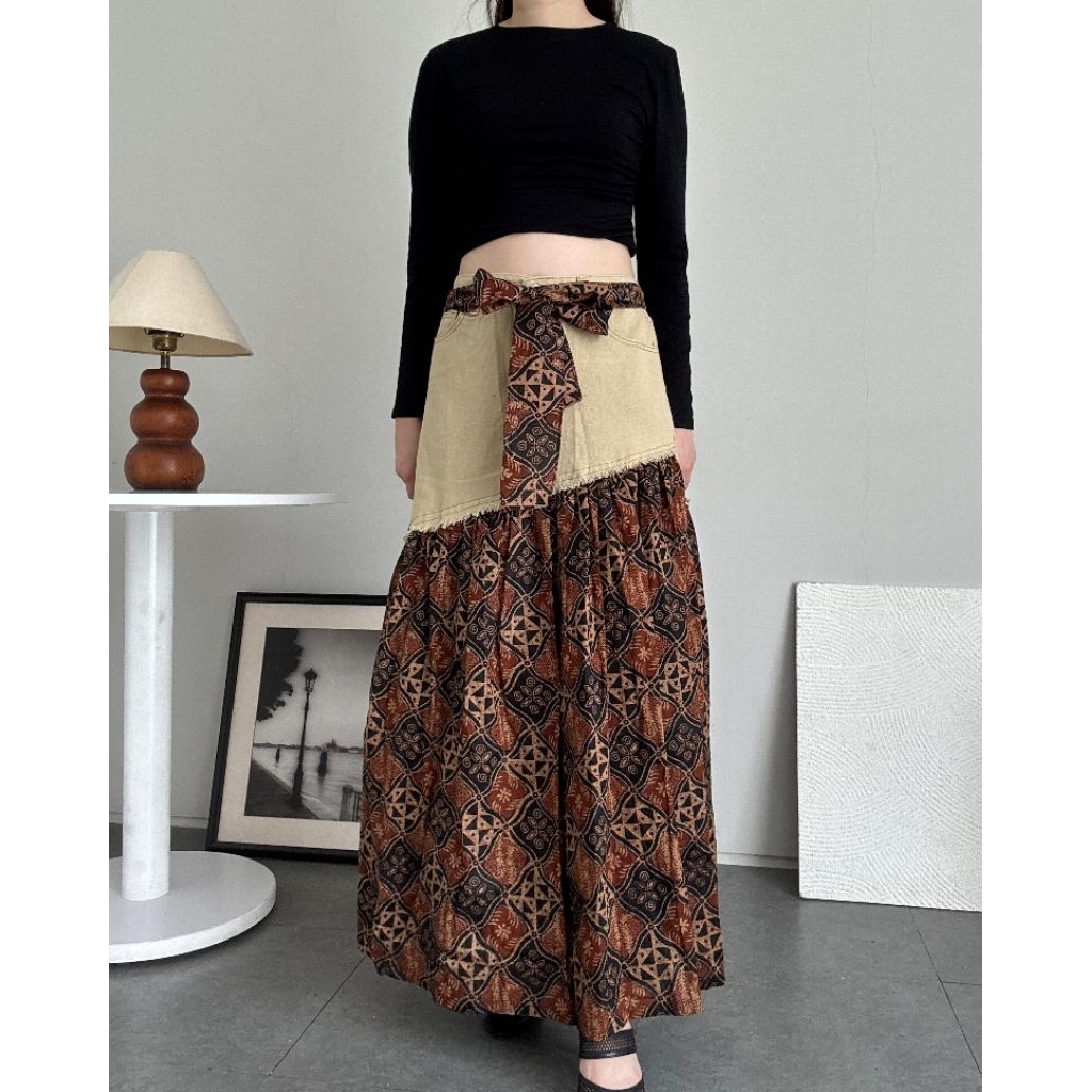 Jual ROK PANJANG BATIK WANITA MODERN - BATIK ETNIK KOMBINASI JEANS ...