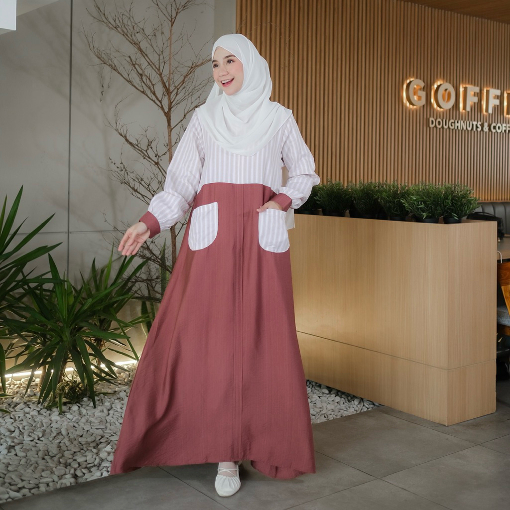 Luna Dress / Gamis Katun / Gamis motif garis / Gamis motif stripe / Gamis saku depan / Gamis casual / gamis mahasiswa / gamis remaja / gamis bahan linen