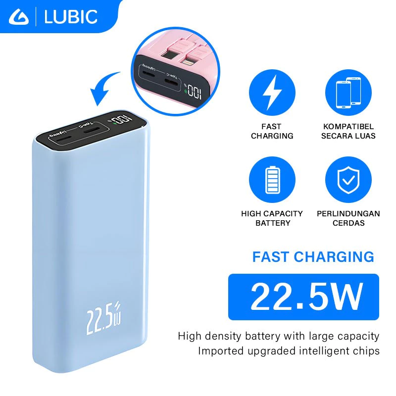LUBIC PowerBank Mini 10000mAh 22.5W Fast Charging Cable Type-C / Lightning i15 i16 Samsung Android