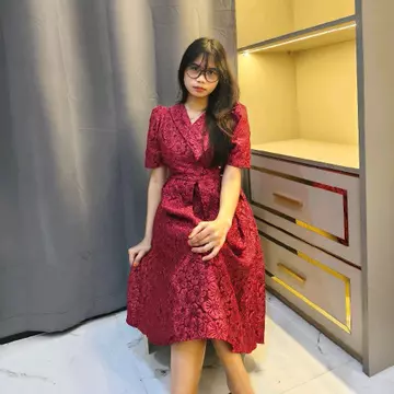 New Arival Midi Dress Gaun Wanita Jacquard Emboss Tunik Elegan Pesta Gereja Mewah Dress Natal
