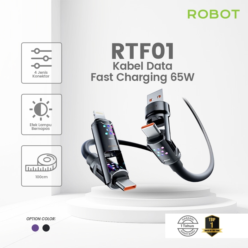 Jual ROBOT Kabel Data Fast Charging 65W Kabel Konektor 4-in-1 100cm RGB ...