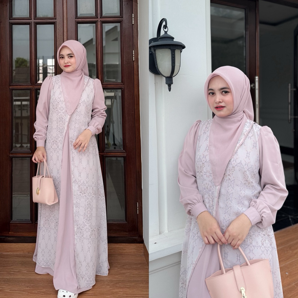 NNfashion ~ KHANSA DRESS COUPLE ANAK GAMIS WANITA MUSLIMAH Dewasa Remaja Ibu Ibu Motif KOMBINASI Polos Mahogany