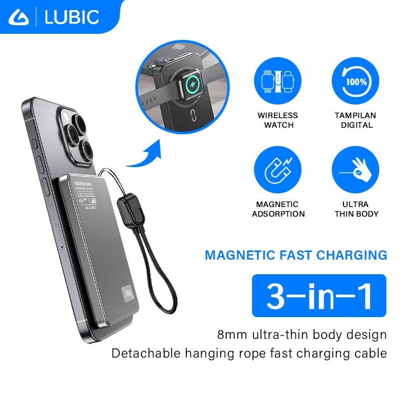 Lubic Powerbank 5000 mAh 3 in 1 Watch Wireless Fast Charging 15 W + PD 20W ULTRA THIN Magsafe