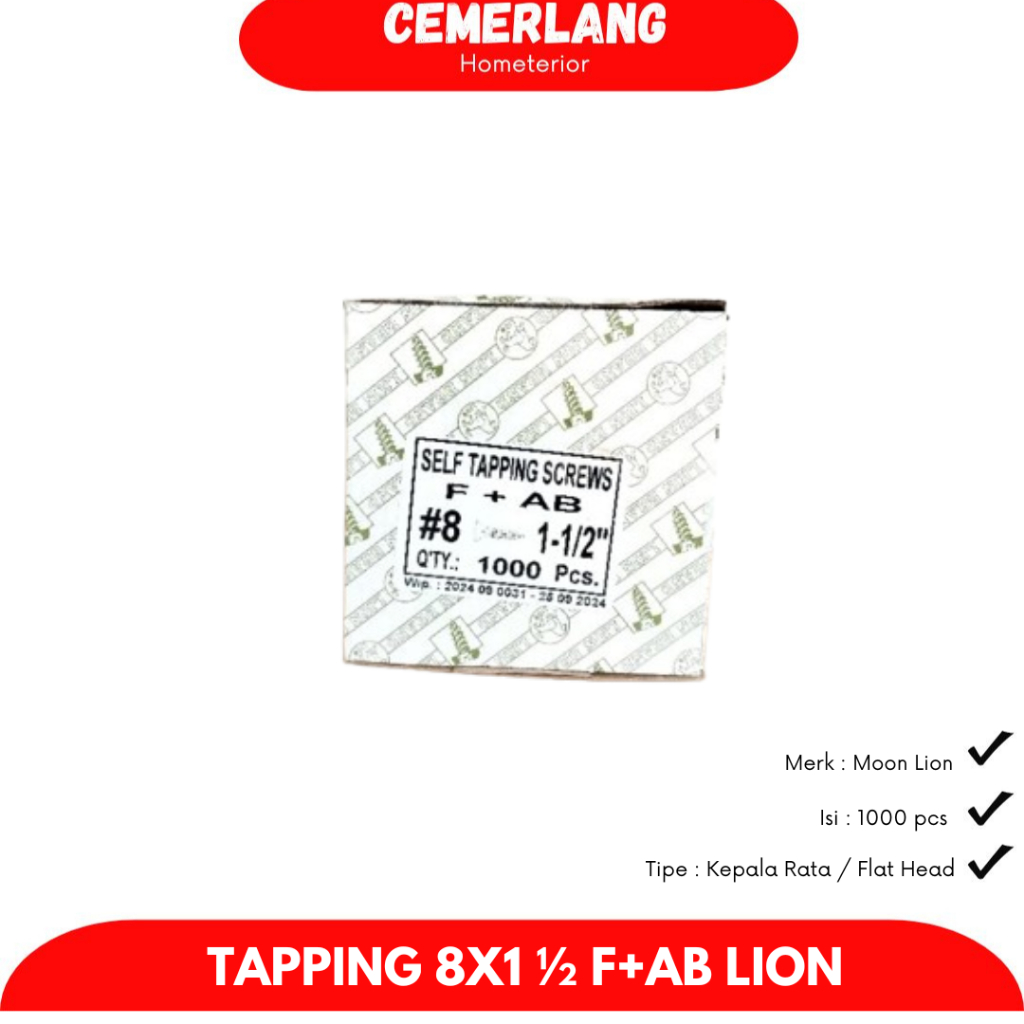Jual SEKRUP TAPPING FAB 8X1 1/2 INCH (4CM) BOX MOON LION KEPALA RATA ...