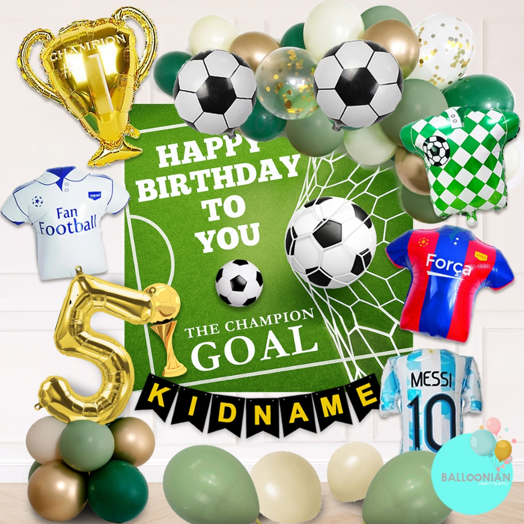 (Paket Balon Dekorasi Lengkap) SOCCER BACKDROP BIRTHDAY DECORATION/Ulang tahun/Khitanan tema sepak bola - lengkap dengan spanduk/tirai dan nama anak