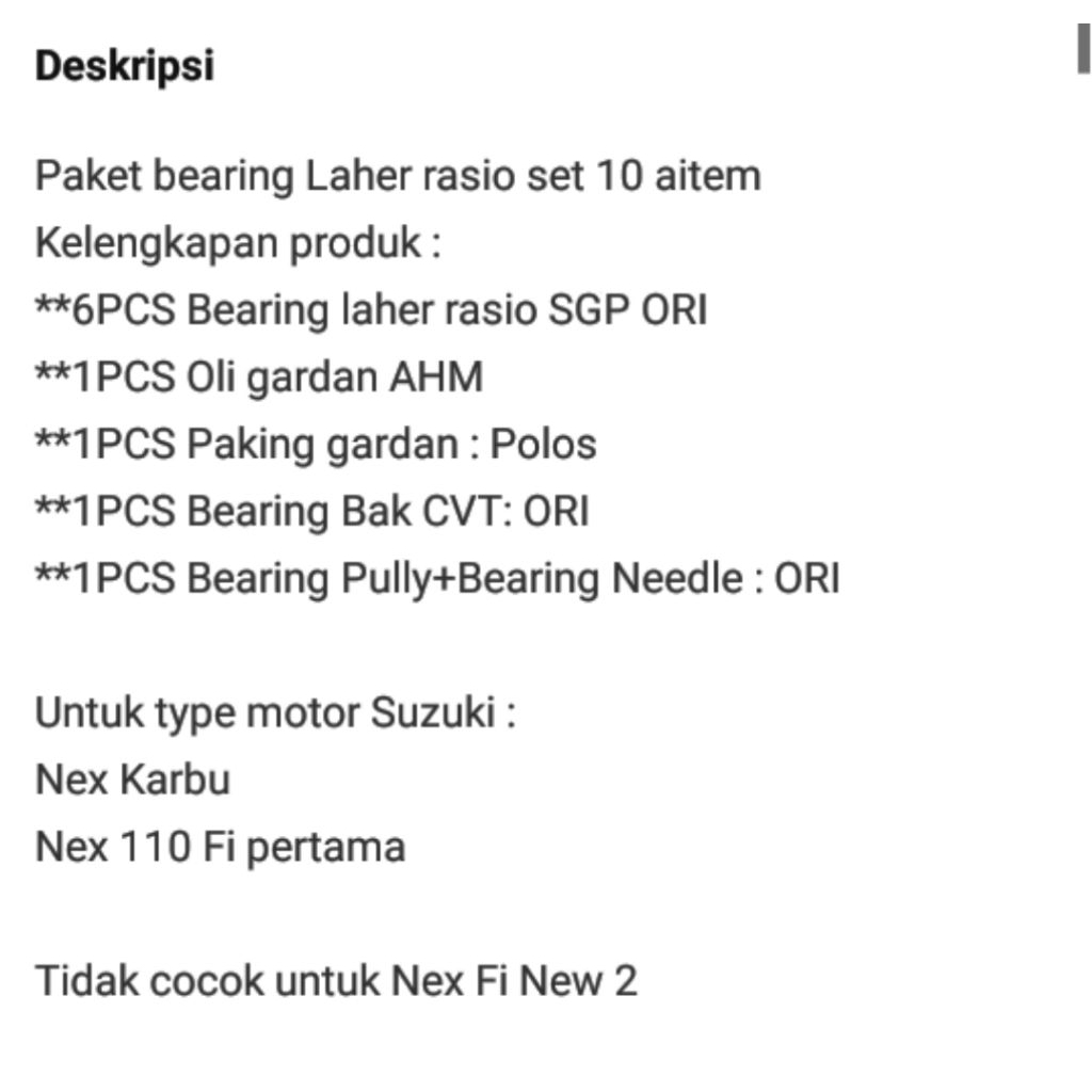 Jual Paket bearing rasio 10 Aitem Suzuki Nex Karbu Nex Fi pertama ...