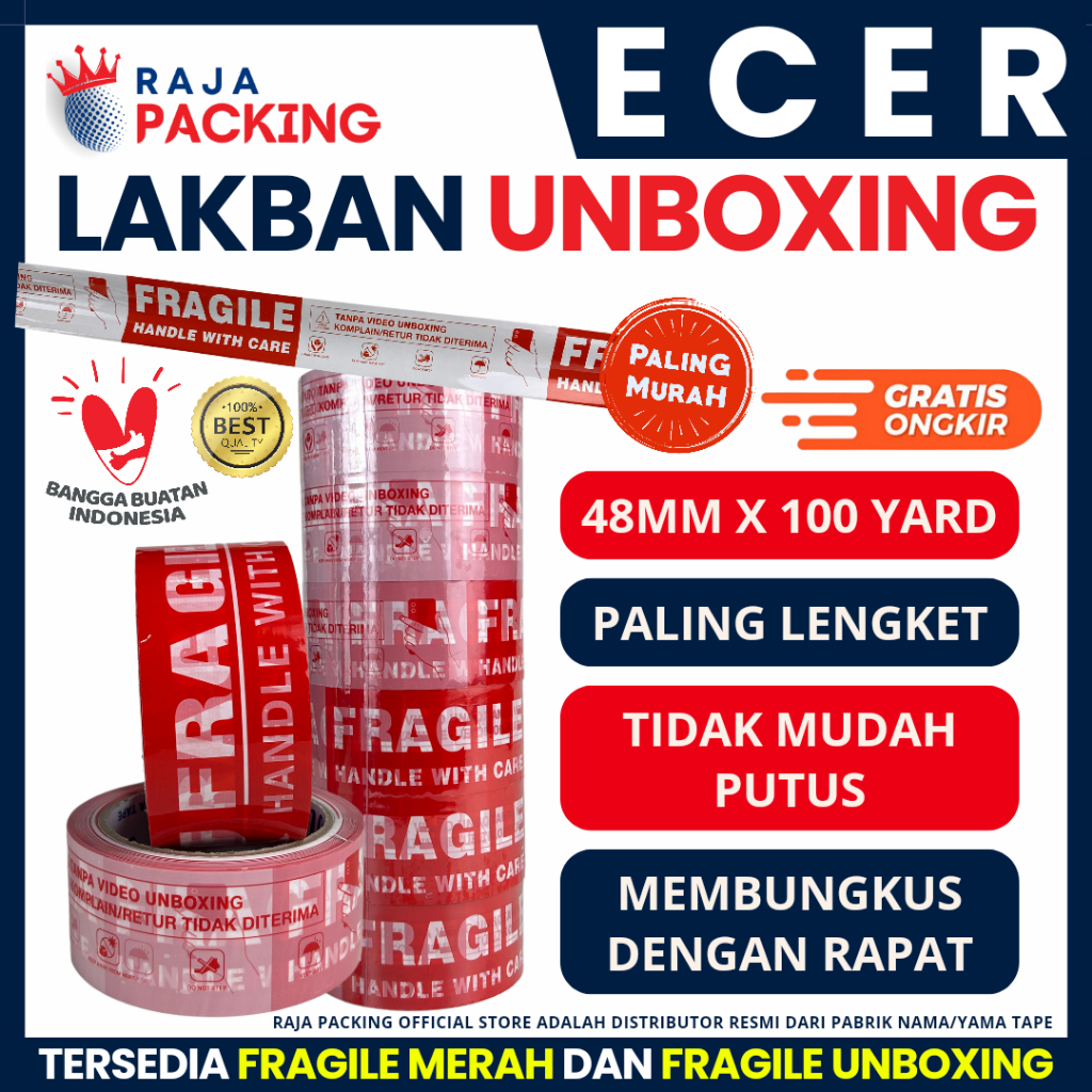 Jual [ECER] LAKBAN FRAGILE MERAH 48MM X 100 YARD | Fragile Tape | Merah ...