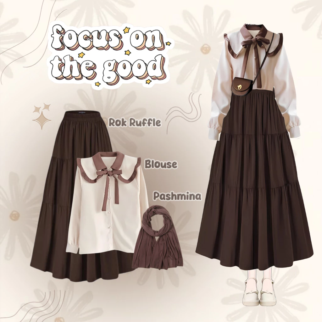 Outfitly Korean Look Blouse Rok Pashmina Set