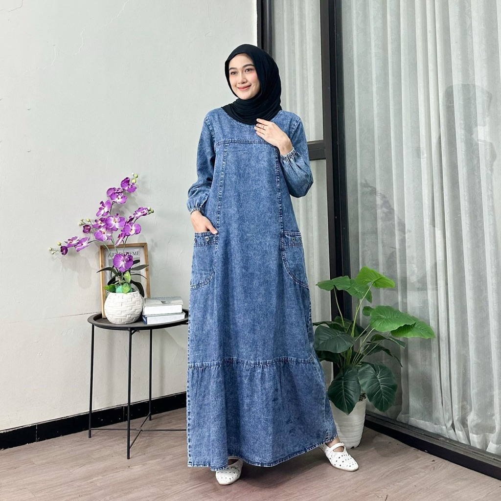 Gamis Susun Jeans Wanita Non Busui Rempel Bawah