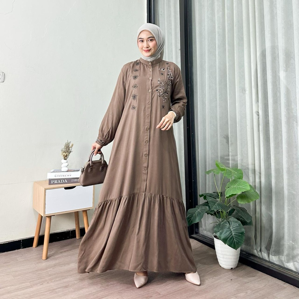 Arni Busana - Moza Maxi Dress Muslim Wanita Bordir Gamis Rayon Twill Premium Full Kancing