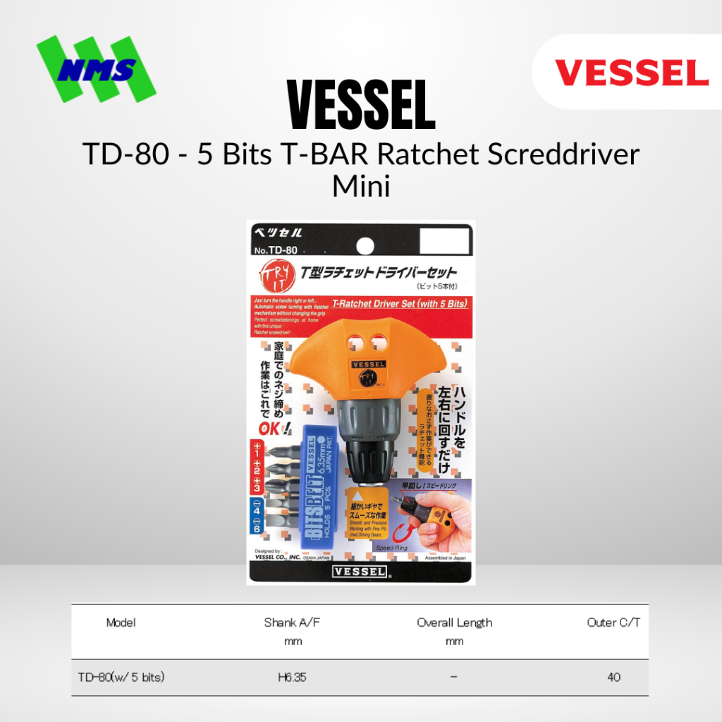 Jual Vessel Set Obeng T Rachet Plus Minus No. TD-80 W/ 5 Bits T-BAR ...