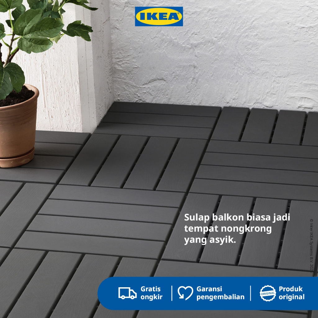 IKEA RUNNEN Lantai Dek/ Decking Tile Indoor Outdoor Bongkar Pasang Abu-Abu Tua 30x30cm Isi 9Pcs