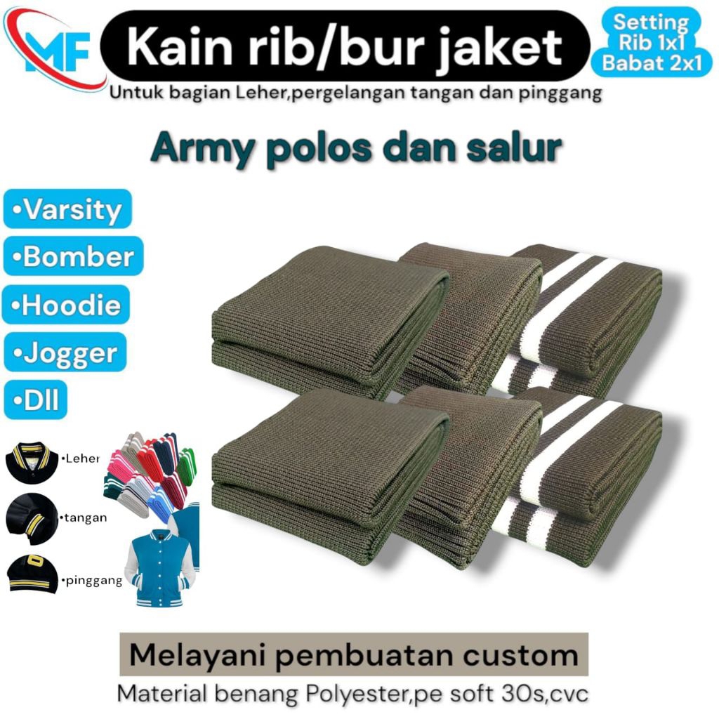 Jual kain rib bur warna army polos dan salur/bergaris polyester premium ...