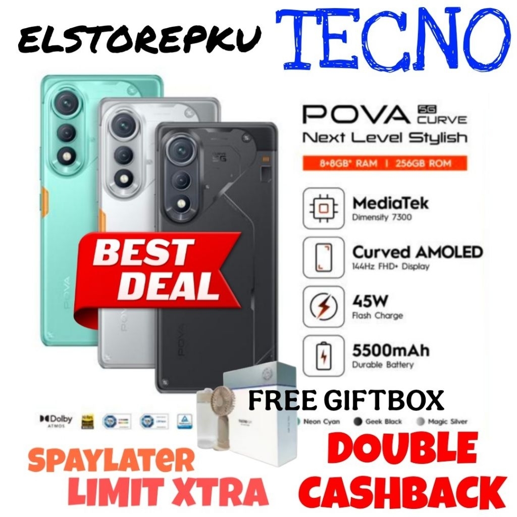 TECNO Pova 7 Curved 5G + Pova 7 5G 8/256 8/128. Desain Gaming Chipset Dimensity 7300 5G Resmi pova7