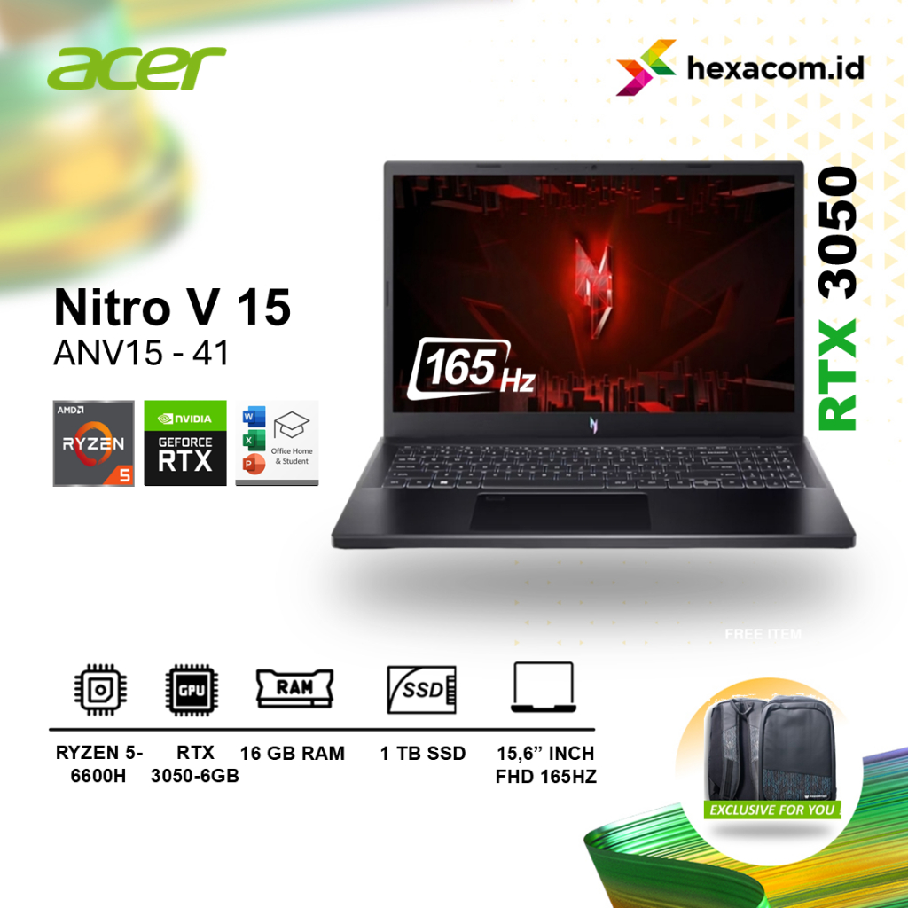 Acer Nitro V15 Ryzen 5-6600H RTX3050 RAM 16GB SSD 1TB FHD 165HZ