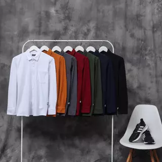 Dzargo Kemeja Polos Pria Lengan Panjang Pique Premium (Hitam, Putih, Army, Navy, Maroon, Dark Mustard, Abu-Abu, baju dll)