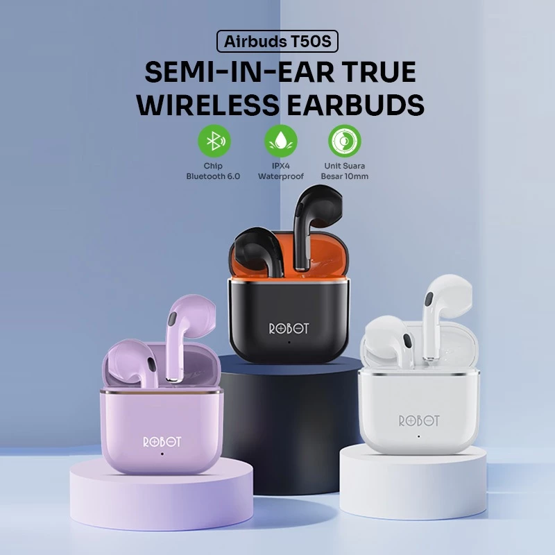 Detail desain semi-in-ear ROBOT T50S yang nyaman.
