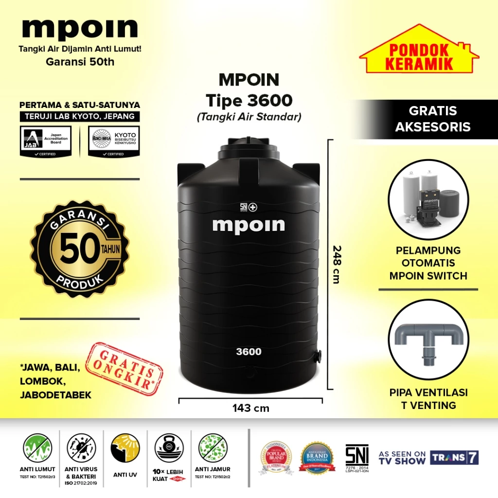 Tandon Mpoin Plus Wave 3600 Tangki Tandon Air 3400 Liter Toren Anti Lumut Garansi 25 Tahun