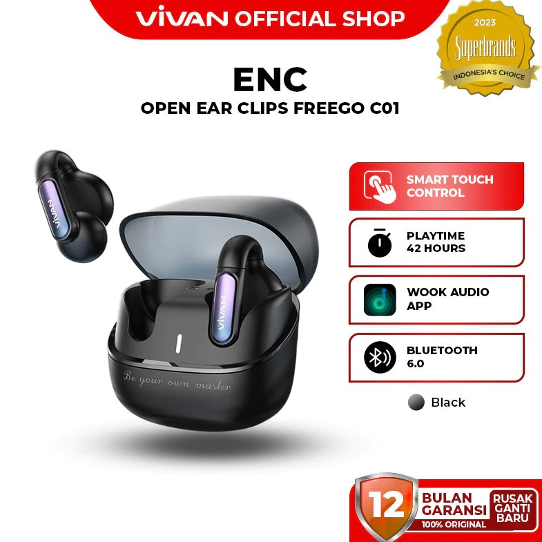 VIVAN Free Go Ear Clip TWS BT v5.4 With Flash Connect 6.0 4 MIC ENC 42H Playtime Garansi 12 Bulan