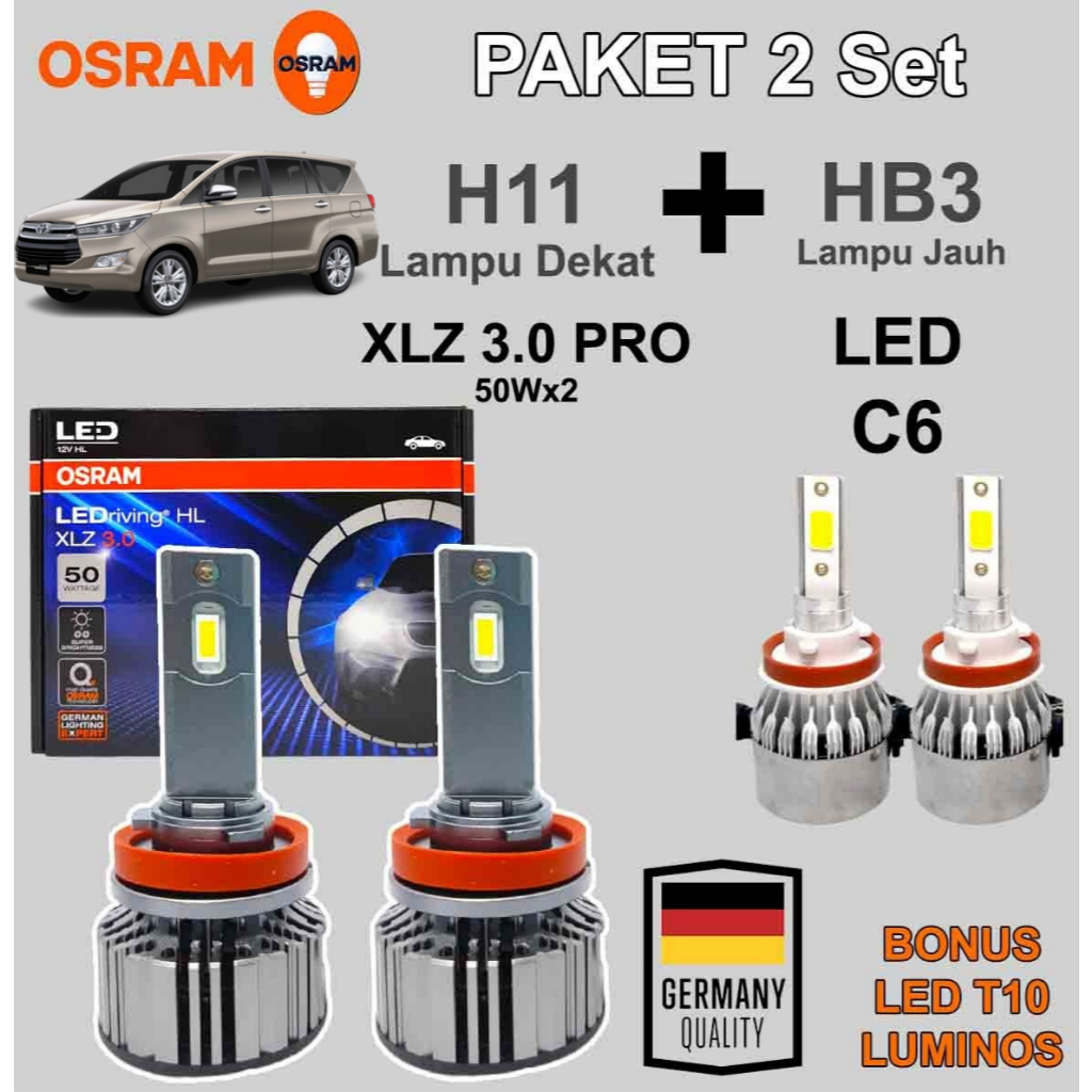 Paket Lampu LED INNOVA REBORN H11 OSRAM XLZ 3.0 100 Watt + LED C6 HB3 9005 Putih