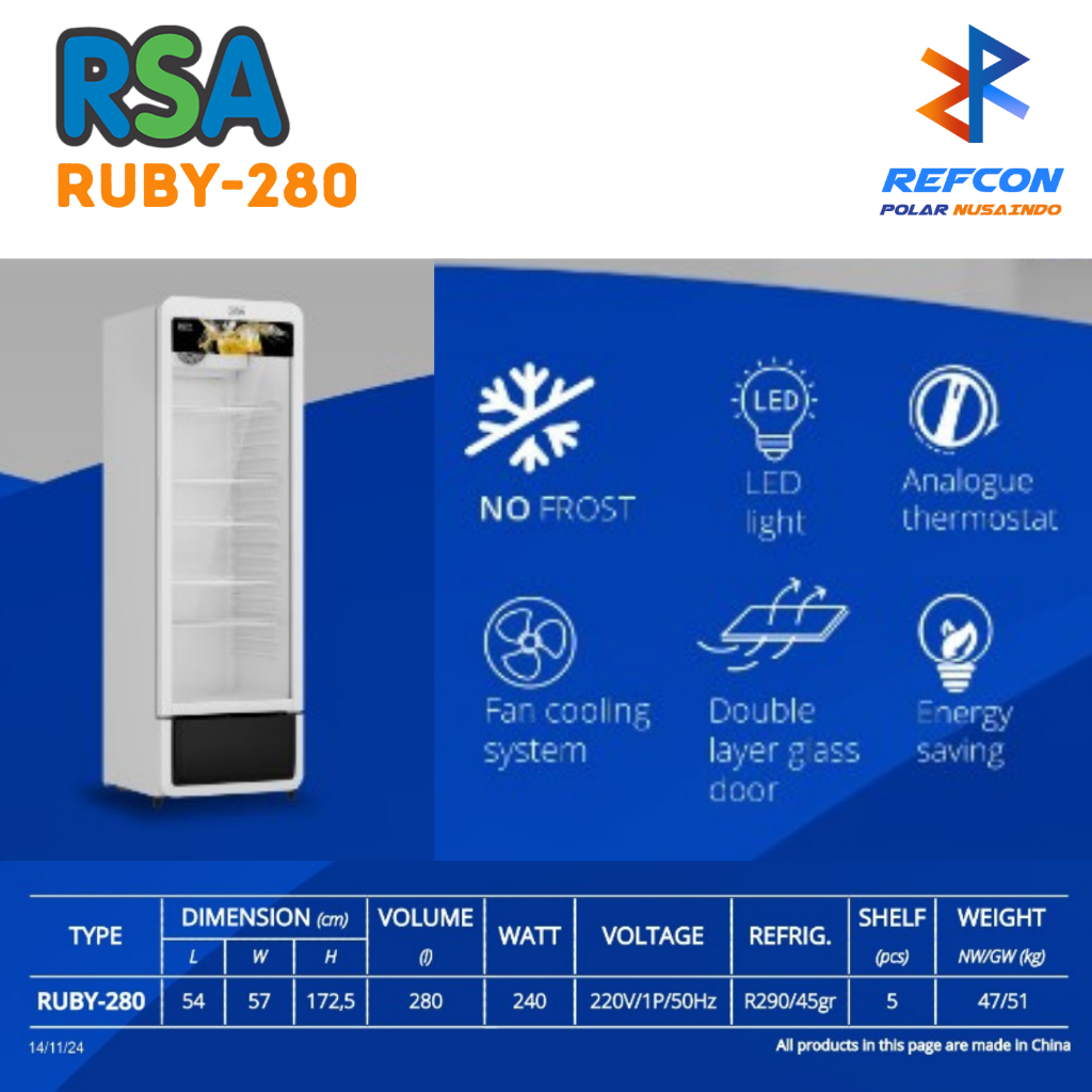 Jual Kulkas Showcase RSA RUBY280 / RUBY-280 | Display Cooler 1 Pintu ...