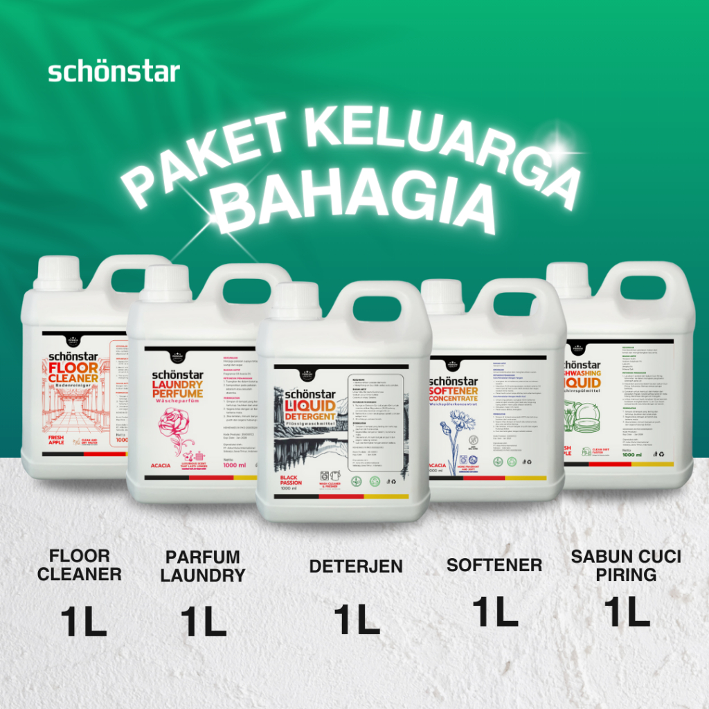 Jual Paket Keluarga Bahagia SCHONSTAR : Deterjen Cair 1L, Softener 1L