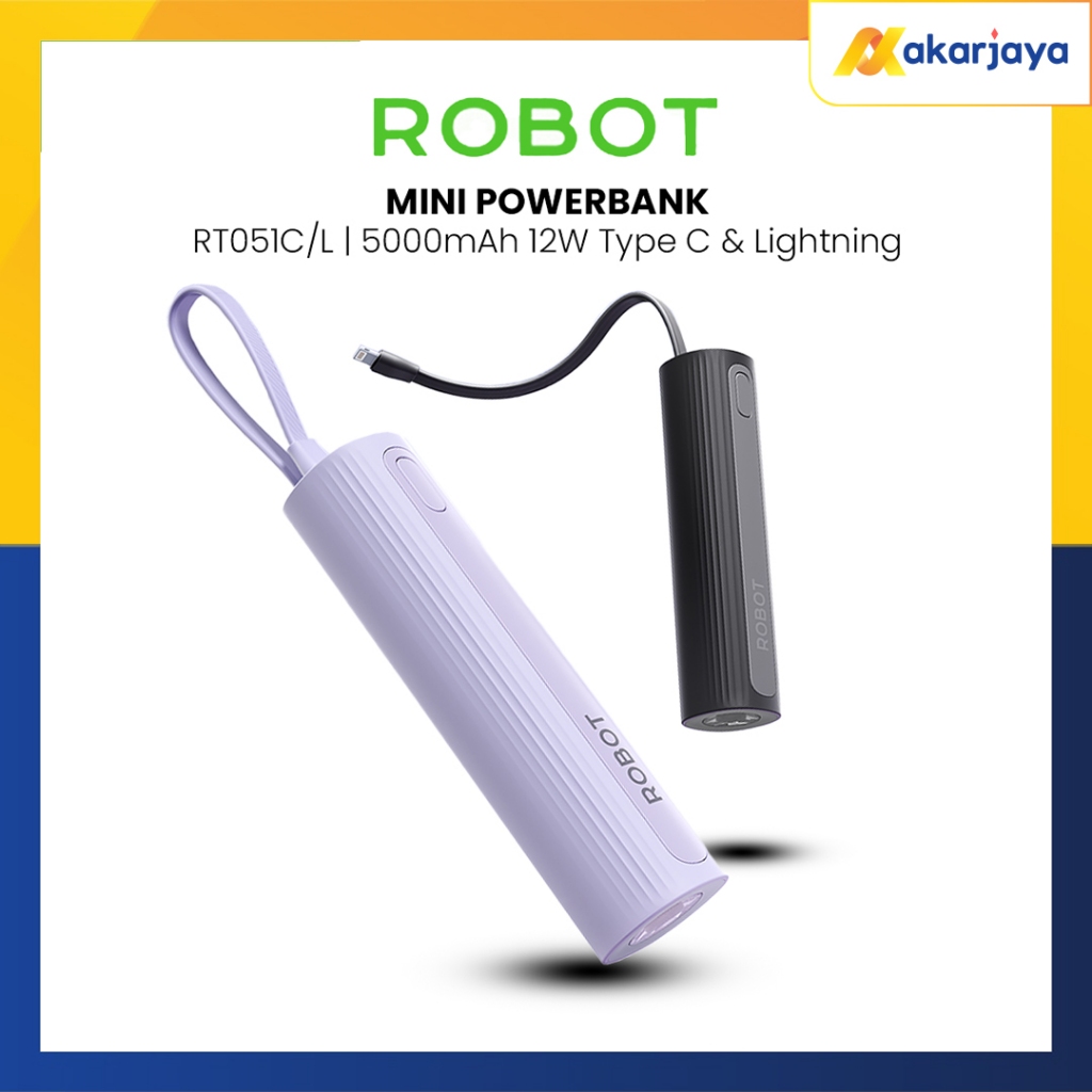 Robot RT051L RT051C Powerbank Mini 5000mAh Single Port Type-C Lightning Travel Size dengan Kabel Tali Penggenggam