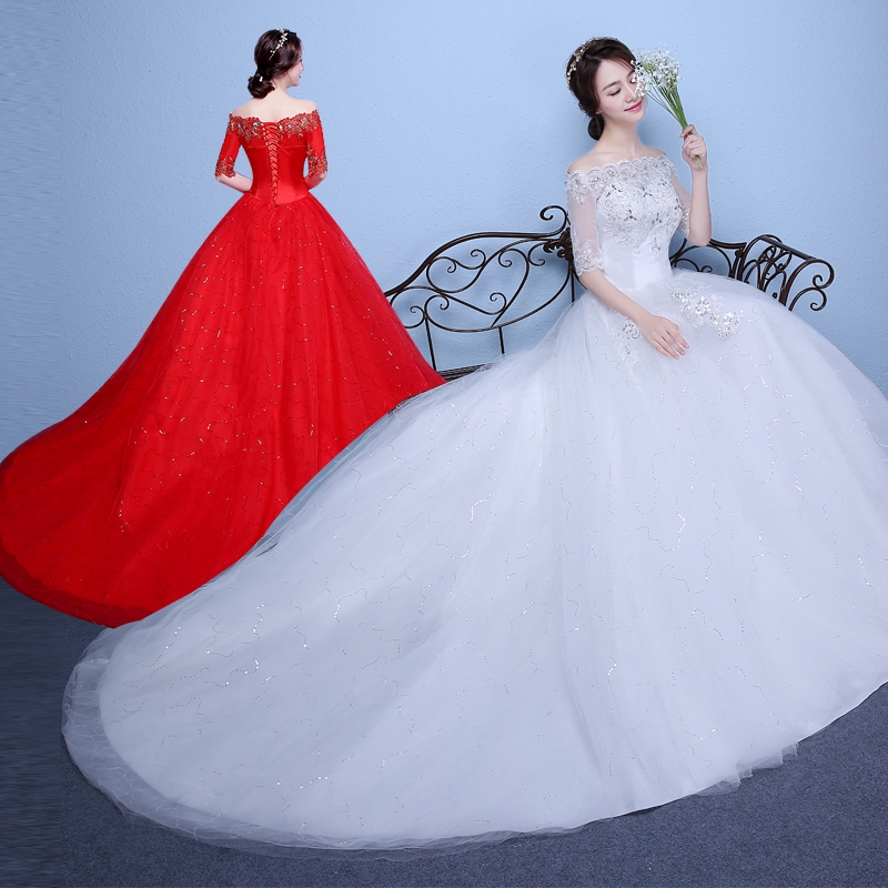 Jual Wanita Gaun Pengantin Renda Putih dan Merh Ekor Panjang Off ...