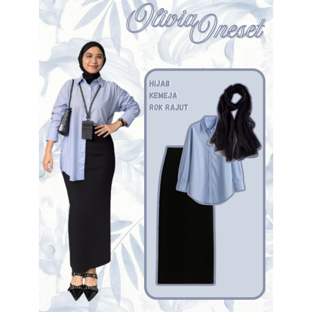 Jual Oneset 3in1 Hijab Outfit Kemeja Loose Biru & Rok Span Hitam OOTD ...