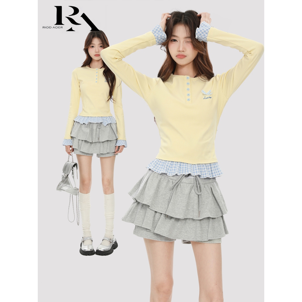 Jual RIOD AOER Kaos lengan panjang dua potong palsu kuning wanita baru ...