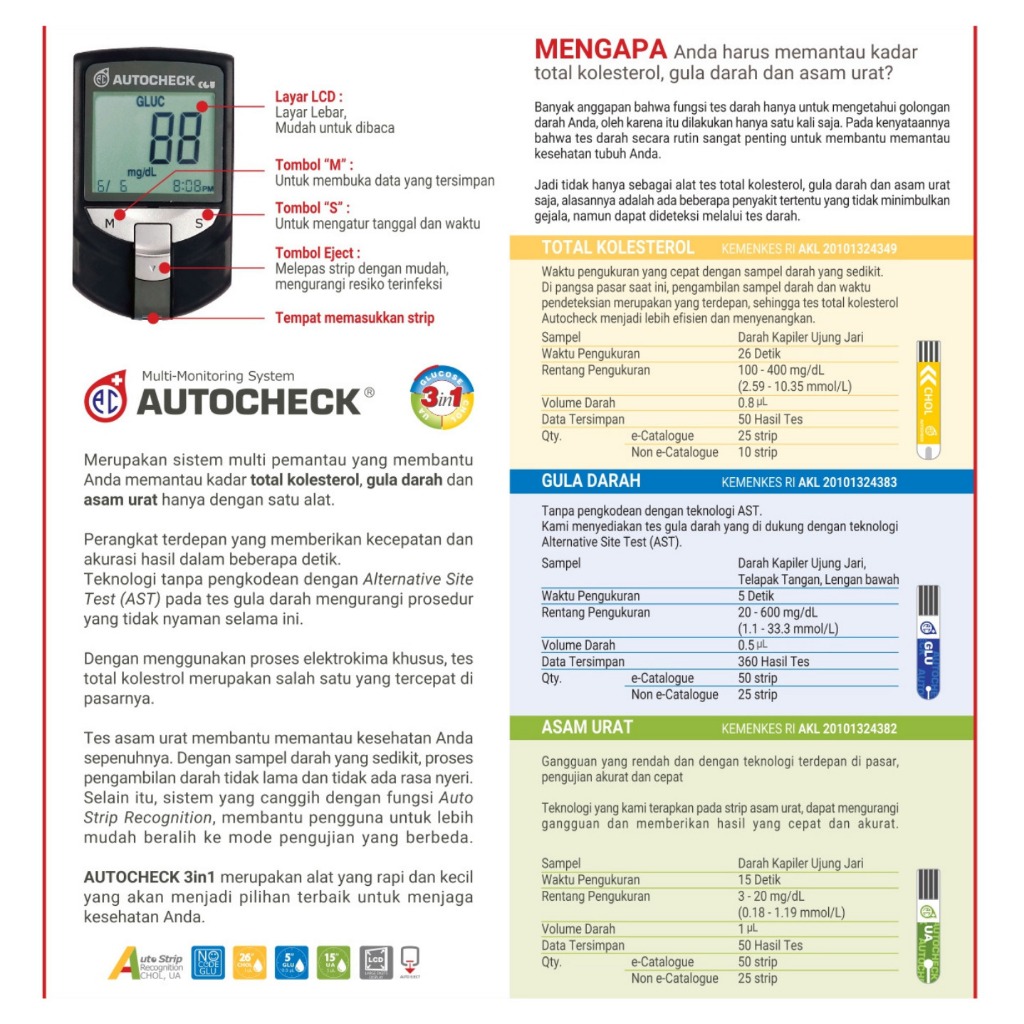 Jual Alat Autocheck 3 in 1 GCU (Gula, Asam Urat, Kolesterol) | Shopee ...