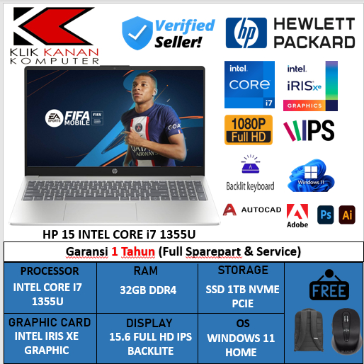 HP Laptop 15 Intel Core i7-1335U RAM 32GB SSD 1TB layar Full HD