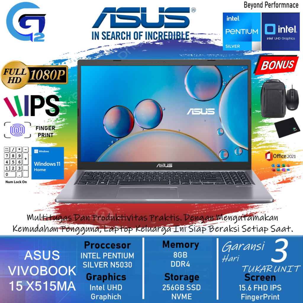 Laptop ASUS Vivobook 15 X515MA Intel Pentium Silver N5030 8GB 512GB SSD FHD  IPS FingerPrint Win11