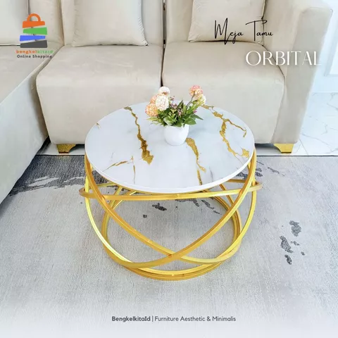 Meja Tamu Aesthetic Meja Bulat - MEJA ORBITAL - Sofa Minimalis Marmer Kayu Solid Gold