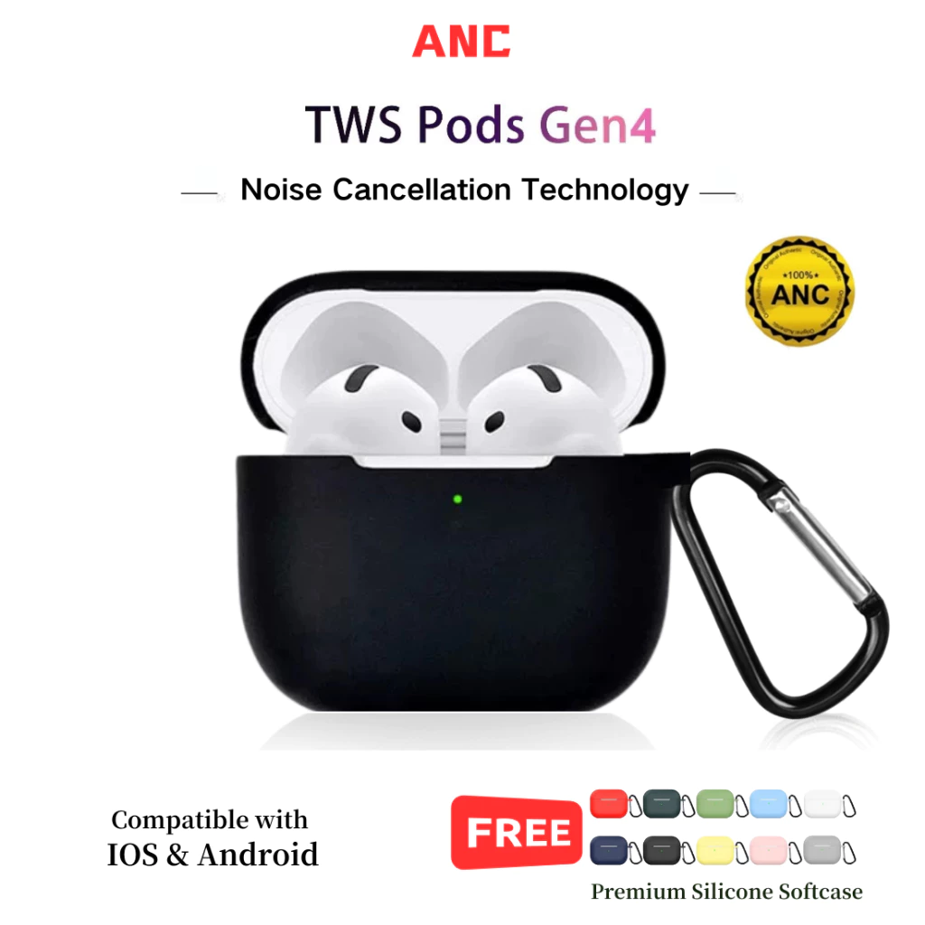 ANC TWS Pods Gen4 Active Noise Cancellation Bluetooth Earphone Bluetooth Earphone Android with Microphone HiFi Stereo Bass Earbuds