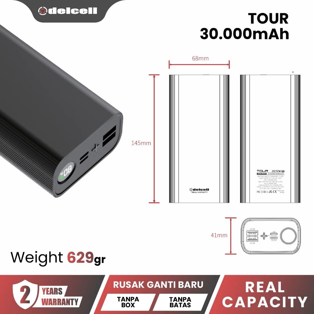 DELCELL Powerbank 30000mAh 20000mAh Fast Charging 22.5W LED Display Port Type C QC +PD 2 Tahun garansi