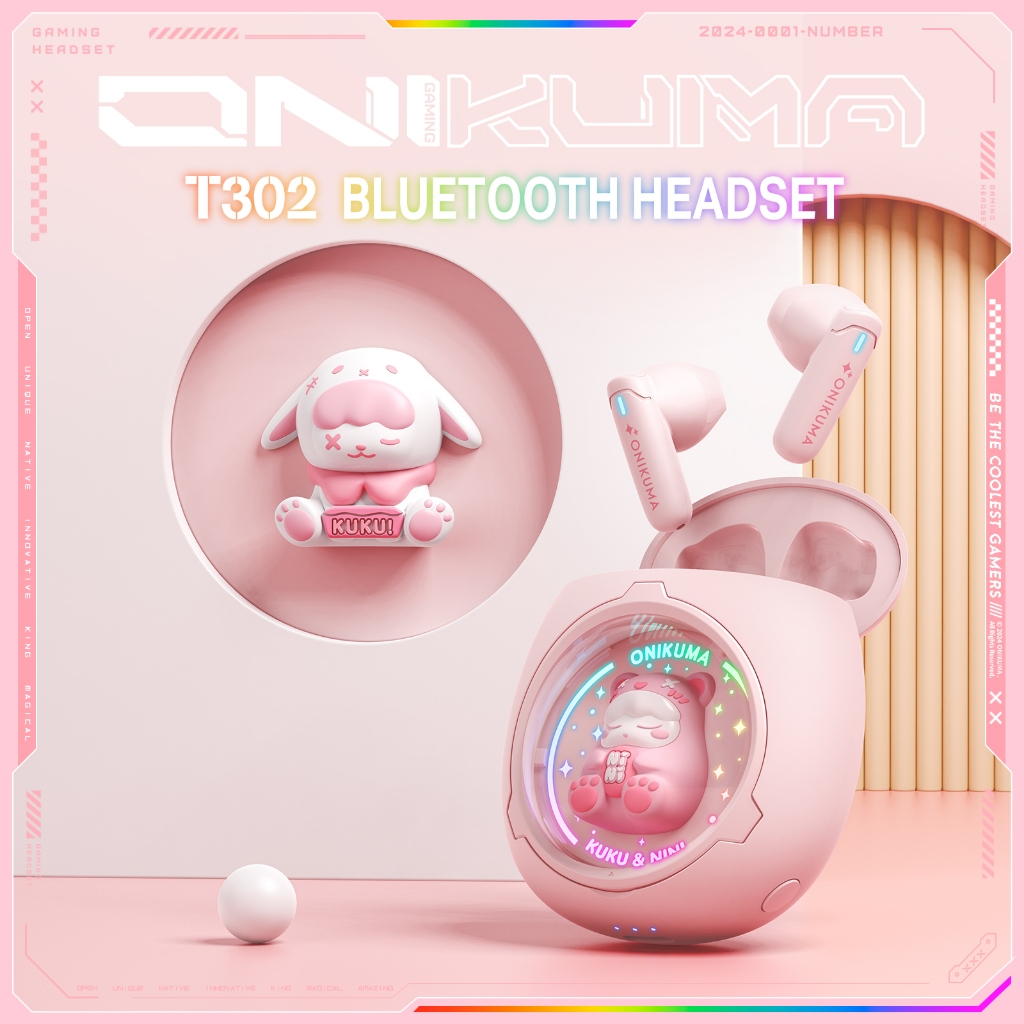[Boneka Gratis] ONIKUMA T302 Wireless Earphones Bluetooth TWS Lampu RGB  Reduksi Kebisingan Earbuds Pink Lucu
