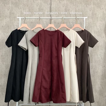 Lenora Ribbon Dress TH 1170 1171 1173 SUEDE Gaun Midi Wanita Motif Polos Casual Tangan Pendek