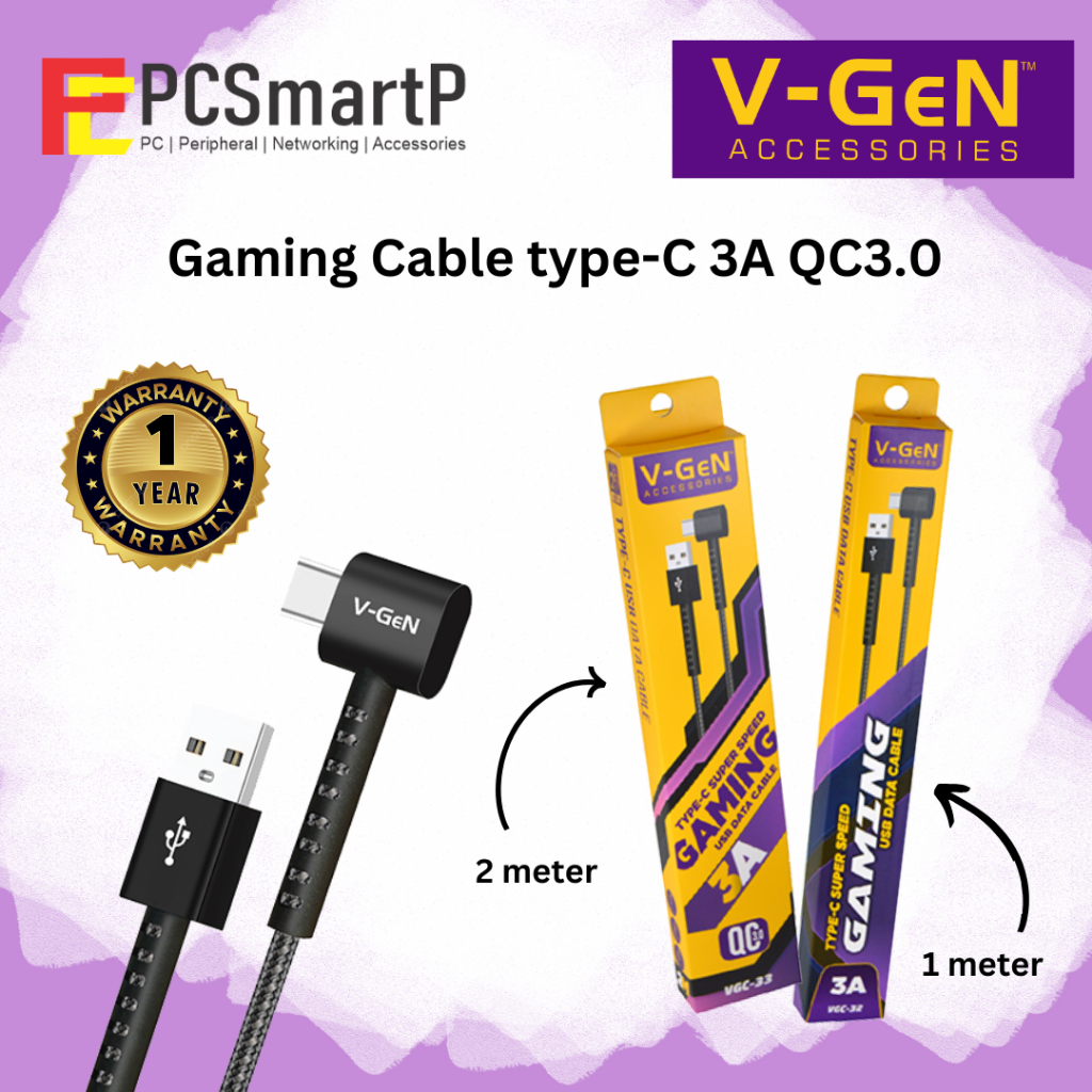 Jual Kabel Data Type-C 3A 1m Gaming V-GeN VGC-32, VGC-33 L-Shaped cable ...