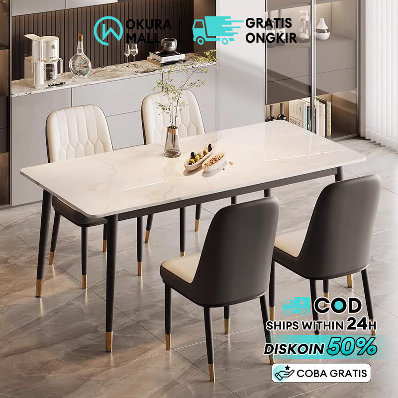 Meja Makan Set 4Kursi / Meja Makan Aesthetic / Meja Makan Kayu Dengan Sticker Marmer/ Meja Makan Minimalis