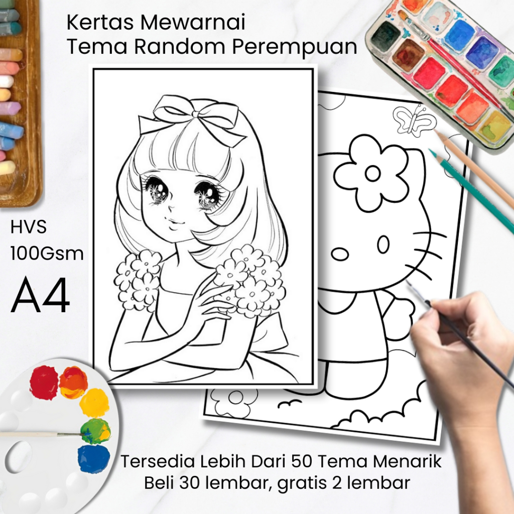 Jual 30 Lembar Kertas Gambar Mewarnai Tema Random Perempuan A4 ...