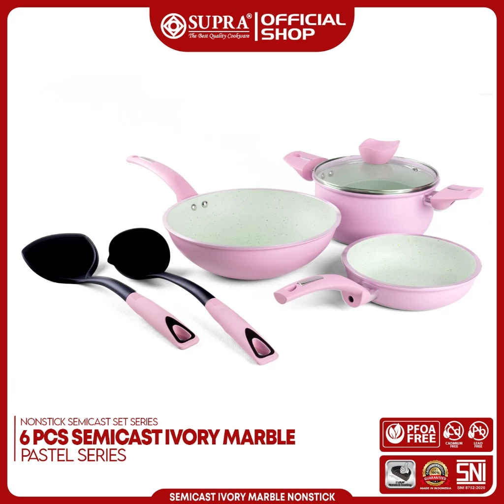 SUPRA Panci Anti Lengket Set 6 Pcs Semicast Nonstick Ivory Marble - Pastel - foto 1