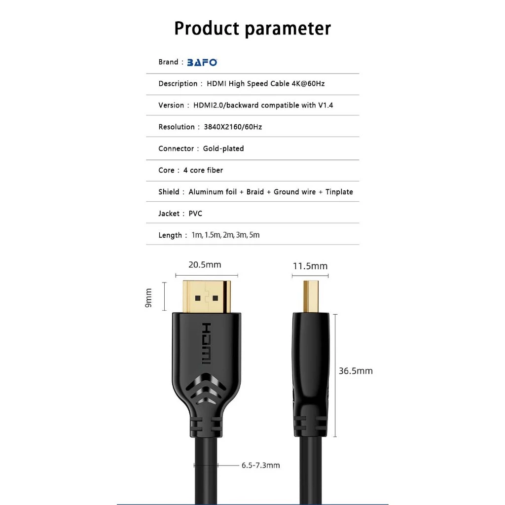 BAFO Kabel HDMI 2.0 Male to Male Cable 4K UHD 10 / 15 / 20 / 25 / 30 / 40 / 50 Meter