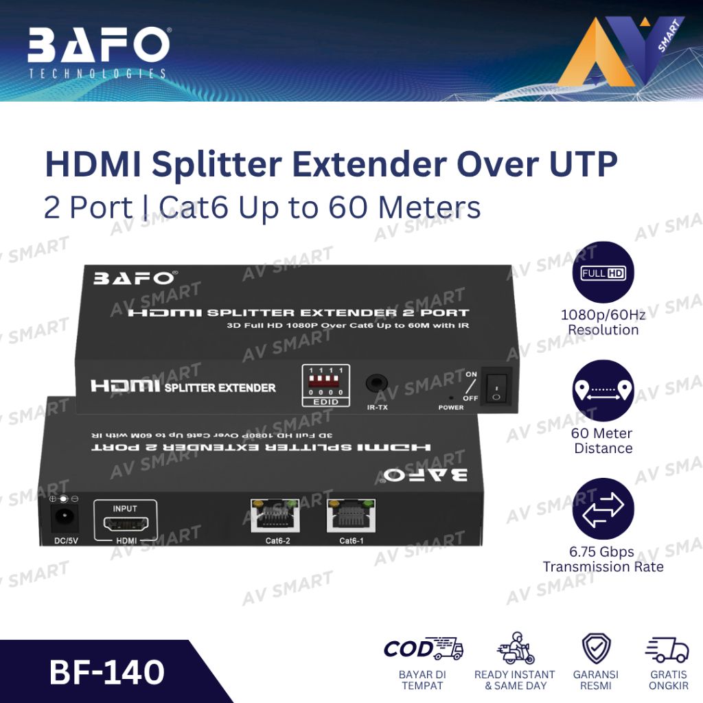 Jual BAFO HDMI Splitter Extender Over UTP LAN Cat6 Up to 60M Meter 2 ...