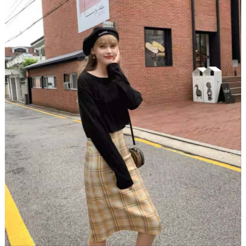 Jual Rok Midi Motif Kotak Warna Kuning Model A-Line High Waist Korean ...