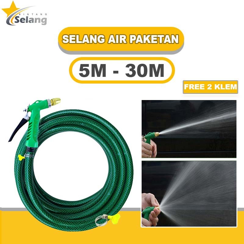 BINTANG Paket Selang Air 5 - 30 Meter Selang Benang Anti Lumut Hijau Tebal Dengan Semprotan Watergun 7 Mode Penyiraman Siram Tanaman Selang Cuci Motor Mobil