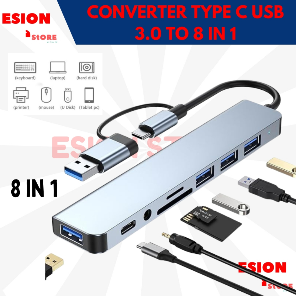 Jual Converter 8 in 1 Dual Connector Type C Hub Adapter Multi USB HUB ...
