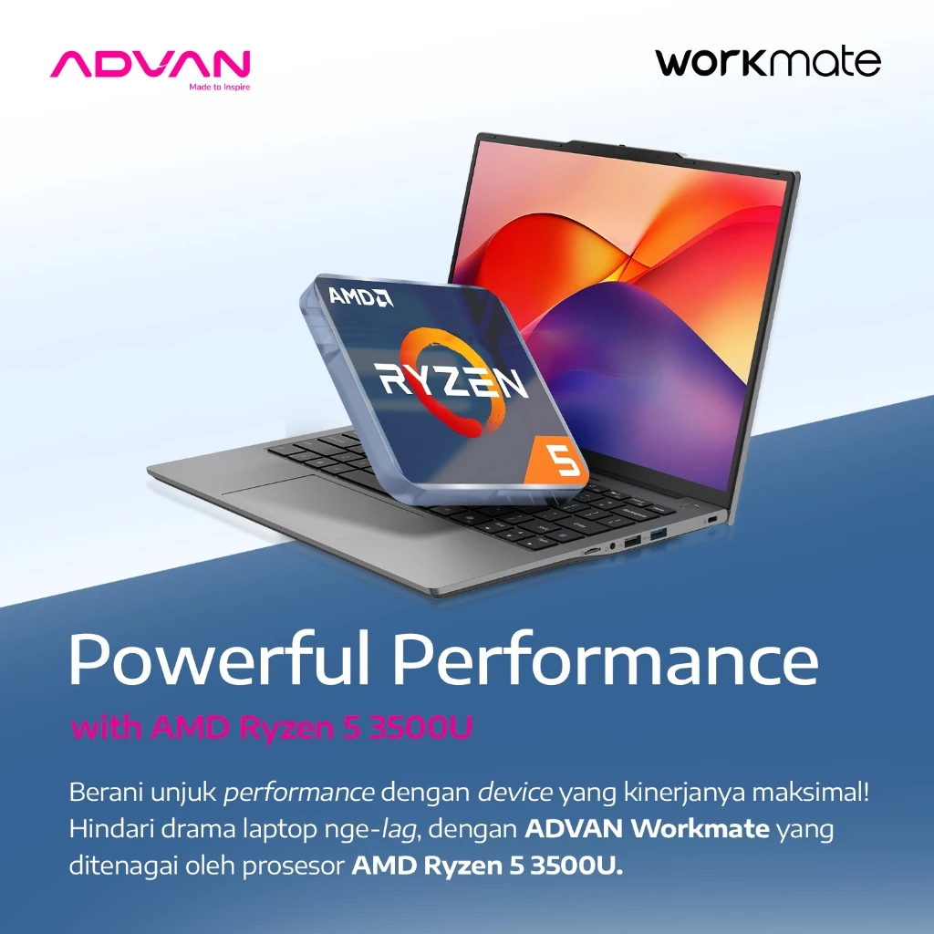 Advan WORKMATE Ryzen 5 3501U 8GB 256GB SSD 14" FHD+ IPS Windows 11 Laptop Kerja Sekolah Kuliah